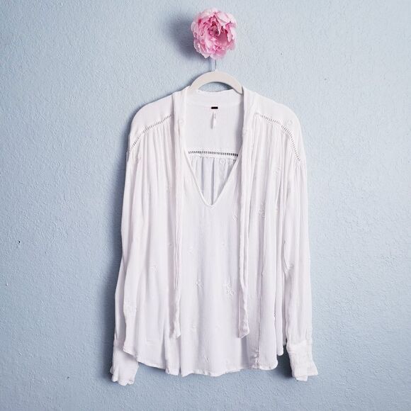 Free People White Wishful Moments Embroidered Long Sleeve Blouse - Picture 2 of 10